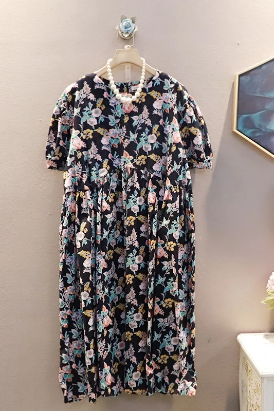 

SuperAen Retro Floral Print Mid Long Summer New Loose Plus Size Slim Puff Sleeve O-Neck Mid-Calf Dresses for Women