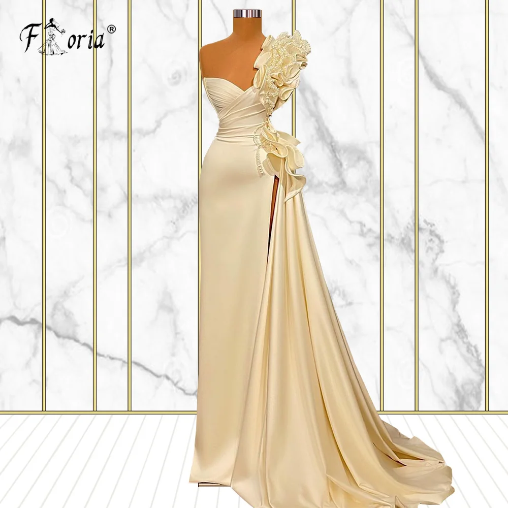 

Robes Simple Ivory Long Evening Dresses Pearls Arabic One Shoulder Mermaid Prom Dress Couture Party Gowns For Wedding Vestido