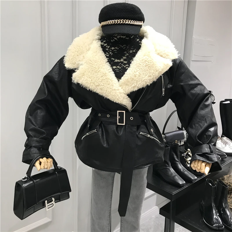 New 2022 Faux Sheepskin Shearling Winter Coat Women Black Warm Motorcycle Street Soft Lamb Fur Women Leather Jacket MY251