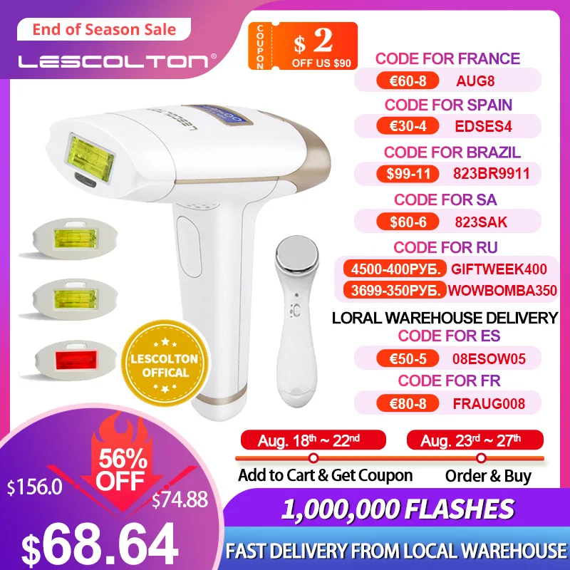 Лазерный IPL эпилятор Lescolton T009i с функциями удаление волос навсегда 1000000 вспышек LCD