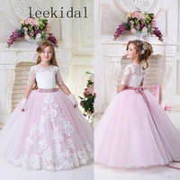 half sleeve puffy pink flower girl dress vintage tulle girl birthday lace appliqued tiered party pageant gown formal for wedding
