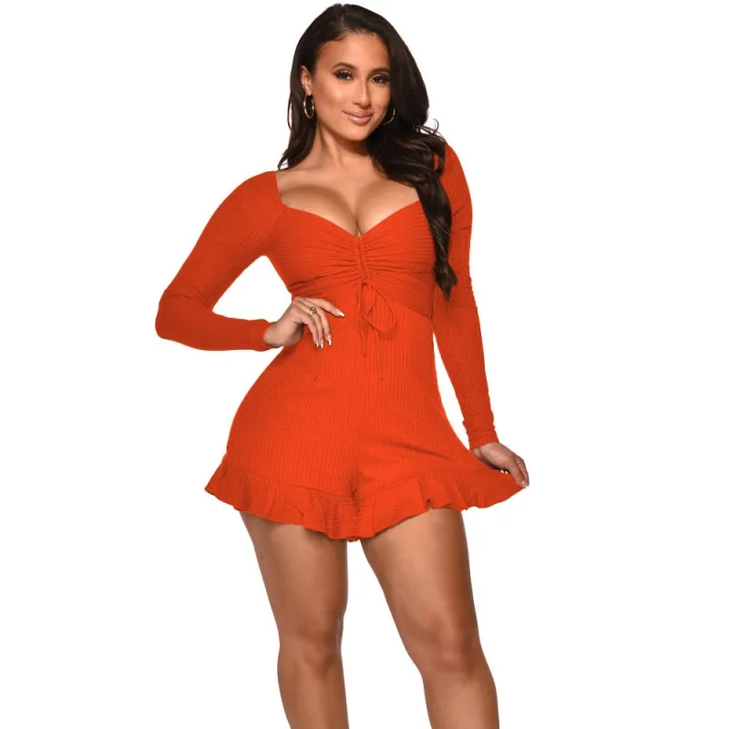 

Ribbed Playsuit Women Drawstring Plunge Neck Slim Rompers Autumn New Solid Ruched Patchwork Sexy Casual Short Jumpsuit Overalls