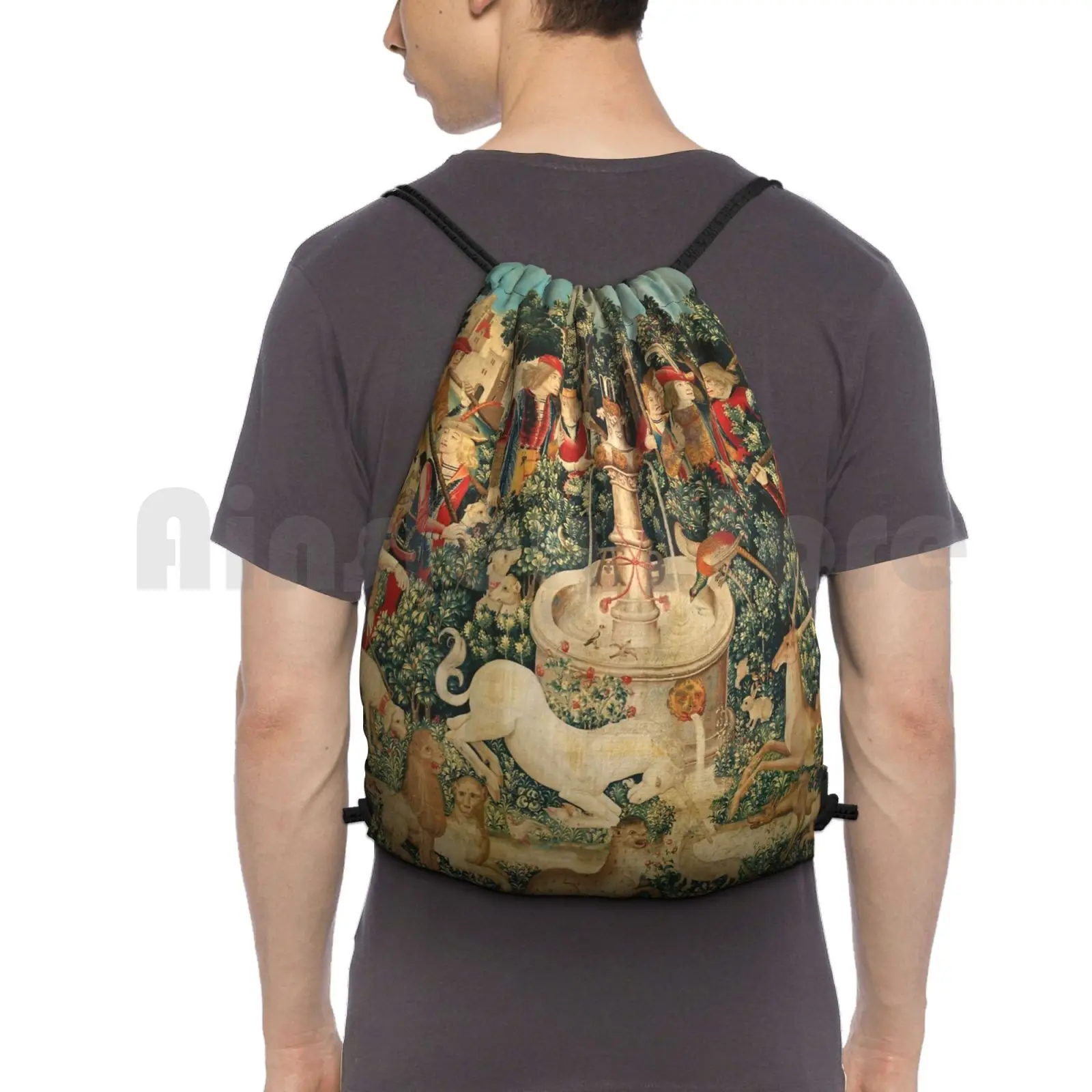 

Unicorn Is Found / Fountain , Other Animals , Green Floral Backpack Drawstring Bag Riding Climbing Gym Bag Unicorn Fantasy