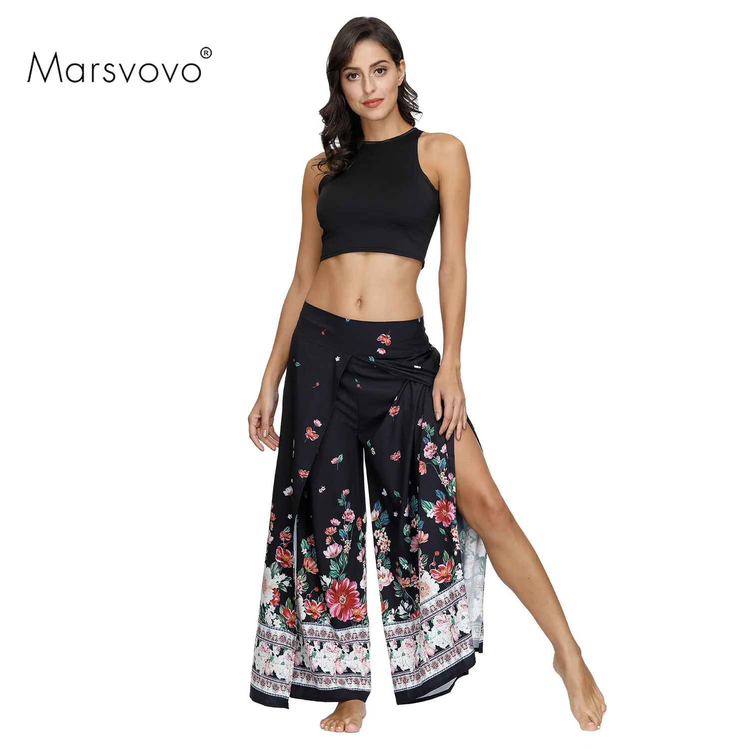 

Floral Pant Striped Loose Pants for Women Chic Boho Split Black Wide Leg Pant Summer 2021 Korean Fashion Retro Women's Trousers