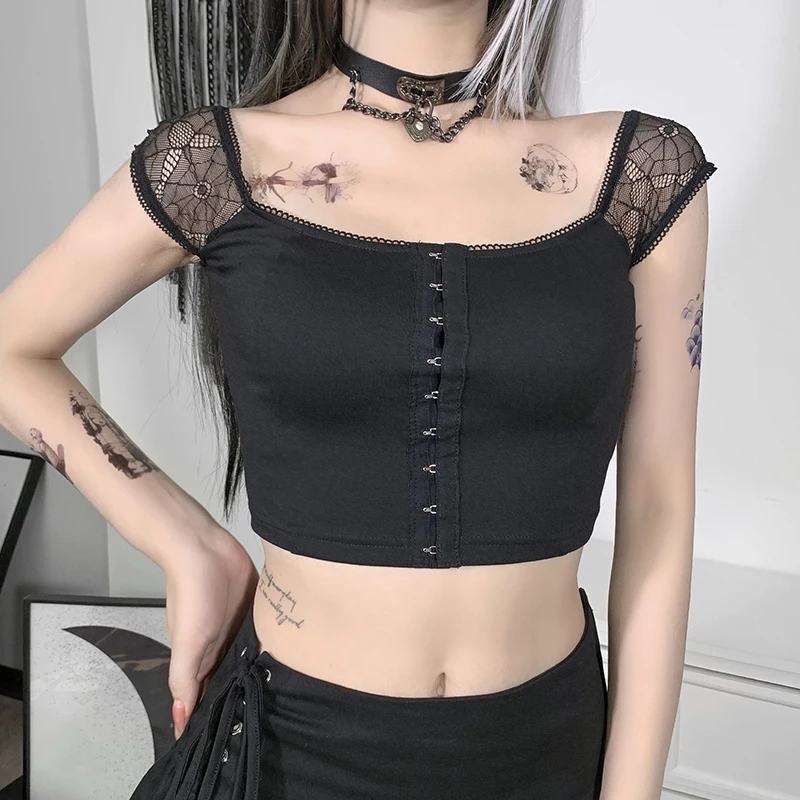 

Gothic Clothes Black Sexy Summer T Shirts Women Vintage Streetwear Bodycon Short Sleeve Crop Top Grunge Girl 90s Tops