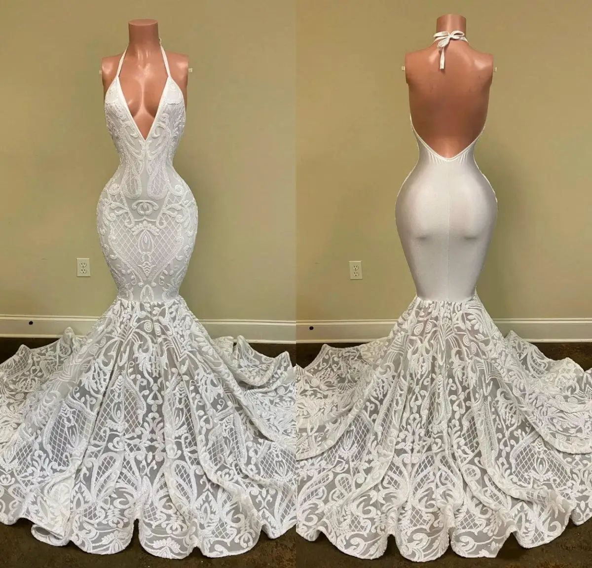 

ivory 2021 Mermaid Prom Dresses Halter Lace Sequined Appliqued Backless ruffles sweep train trumpet african evening dress