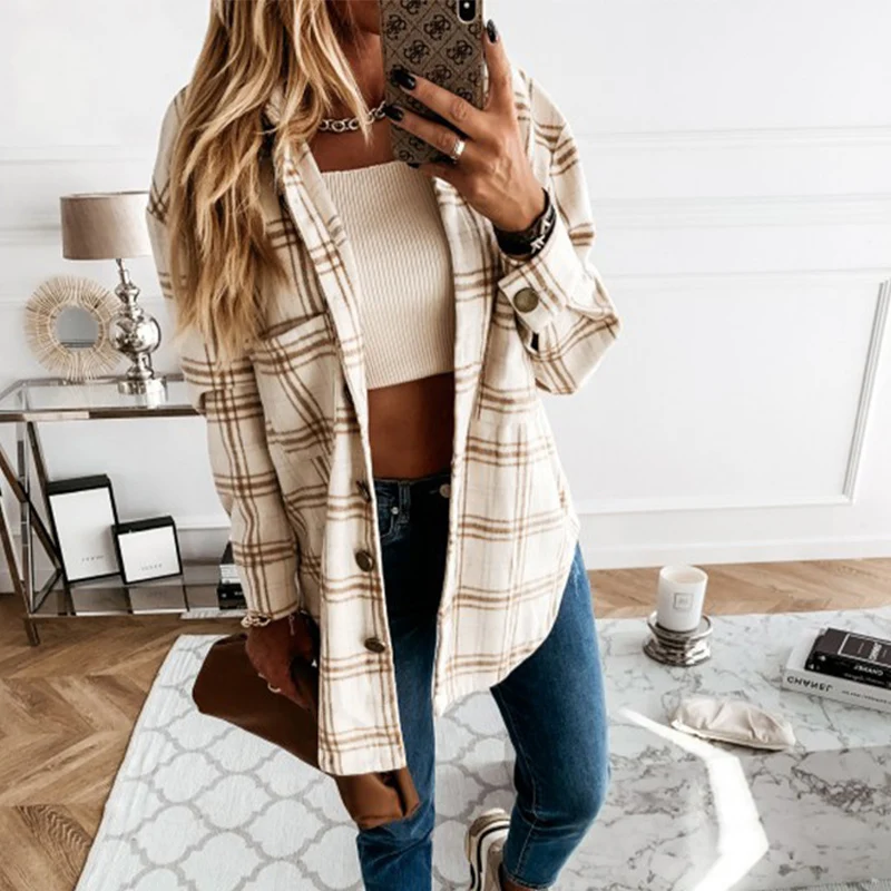

Foridol Plaid Button Up Vintage Shirt Coat Jackets Women Autumn Winter Slit Shirt Coat Checked Retro Casual Jackets 2021 New