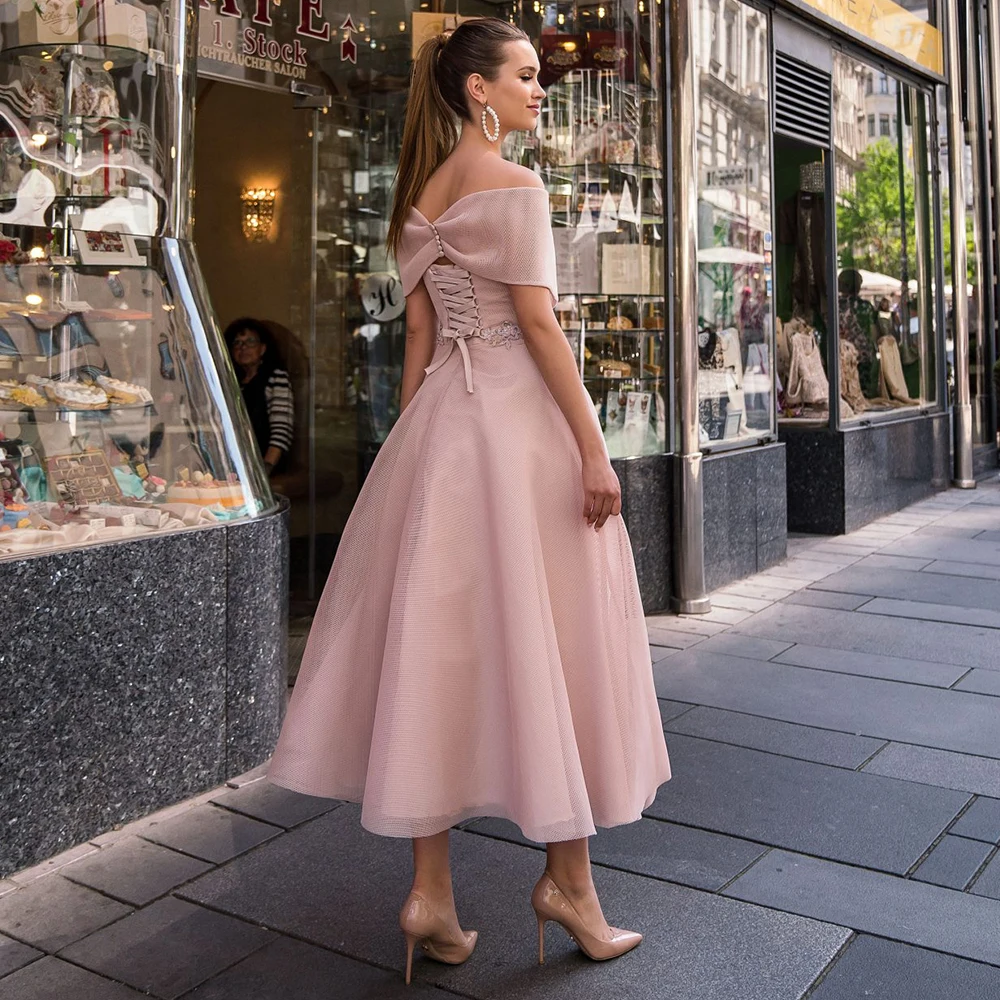 

Elegant Tea Length Off the Shoulder Evening Dress 2021 Tulle Beading Sashes Lace up Back Special Occasion Gowns