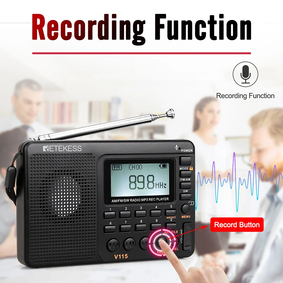 RETEKESS V115 Radio FM AM SW Portable Radios AM FM Rechargeable Shortwave Radio On Batteries All Full Waves USB Recorder Speaker
