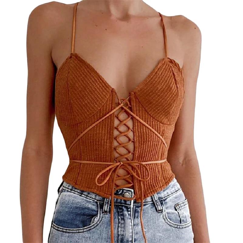 

Hirigin 2021 Women's Crop Cami Tops Sexy V Neck Sleeveless Spaghetti Strap Cross Tie Up Camisole Vintage