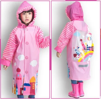 Длинный детский плащ синего и розового цвета с рисунками из мультфильмов для