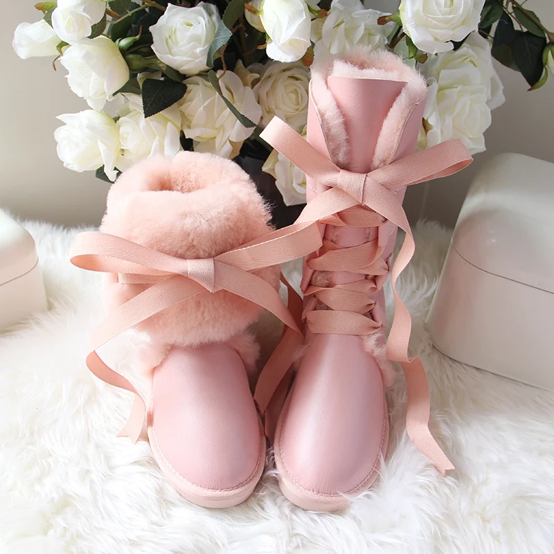 Metal Pink Новинка; женские зимние ботинки наивысшего качества из натуральной овечьей кожи; модные зимние ботинки на шнуровке; натуральный мех; Шерсть; женские высокие ботинки - Цвет: Metal Pink