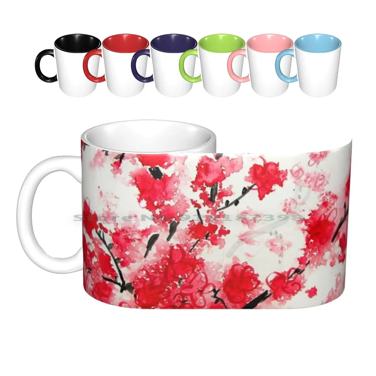 

Керамические кружки с цветами вишни, кофейные чашки, кружка для молока и чая, цветок вишни, Сакура фэн-шуй, искусственная красная акварель