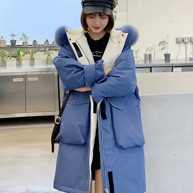 Женский пуховик с лисьим мехом утолщенное пальто средней длины в Корейском стиле
