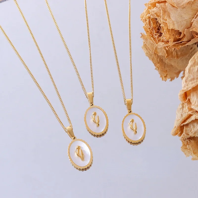 

Minar White Color Shell Metallic Floral Necklace for Women Girls Titanium Steel Gold Colour Thin Chain Necklace Accessories Hot