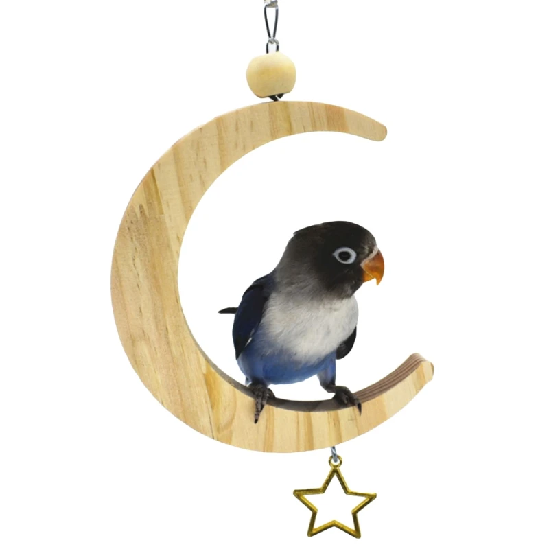 

Parrot Swing Perch Stand Toy Moon Shape Hanging Hammock Bell Pet Cage Bird Wooden Training Claw Feet Grinding Stick