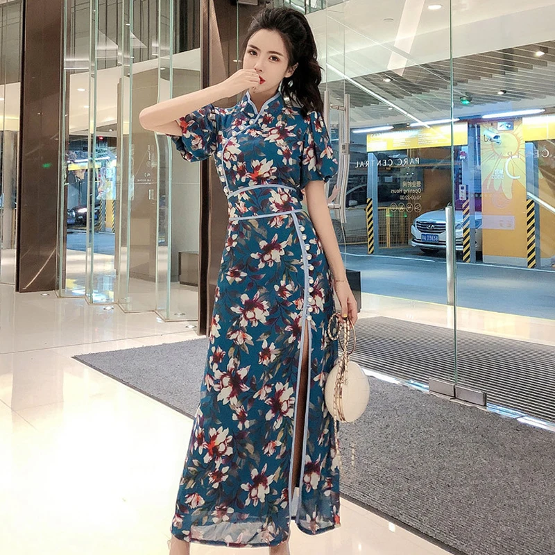 Китайское платье cheongsam qipao vestido chino восточное платье cheongsam белье воротник Мандарин Кимоно Стиль Высокое платье Ципао с разрезом - Цвет: color1