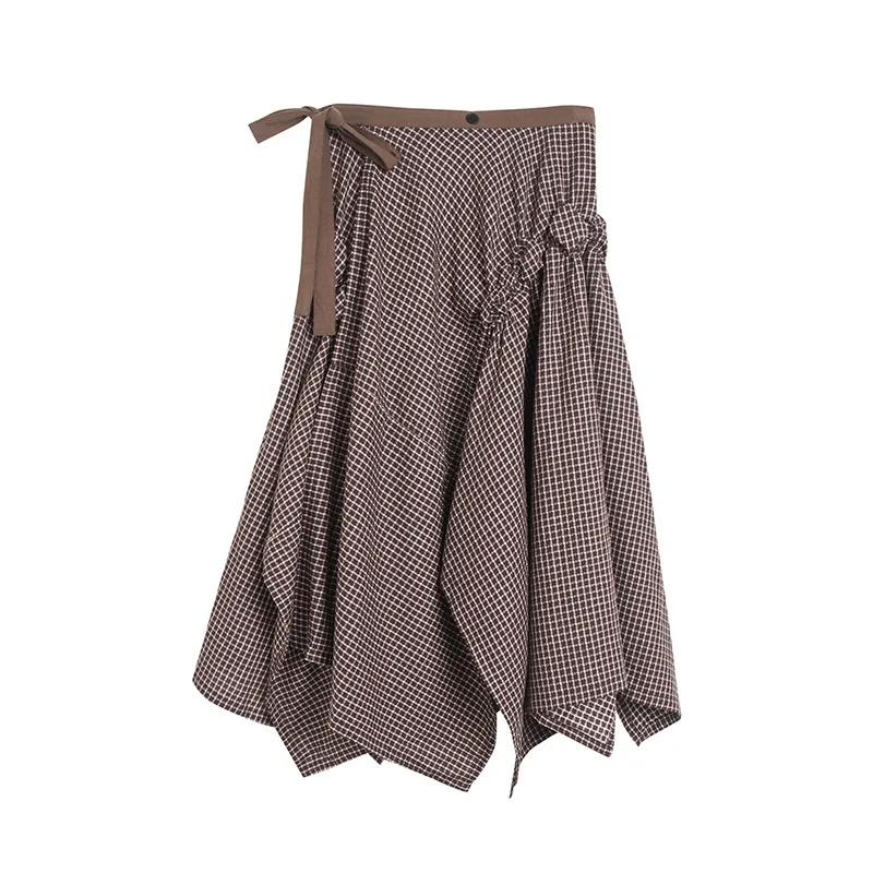 

DEAT 2021 new summer fashion women clothes high waist asymmetrical waist belt plaided halfbody skirt female WP66516M