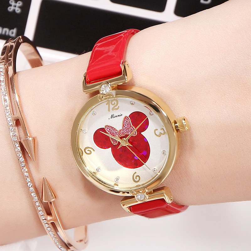 Женские кварцевые часы с кожаным ремешком красивые смарт Минни для девочек