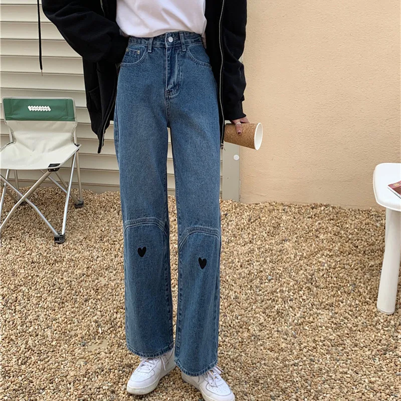 

Женские джинсы с высокой талией, одежда из денима с широкими штанинами, синяя уличная одежда, винтажные качественные модные прямые брюки в с...