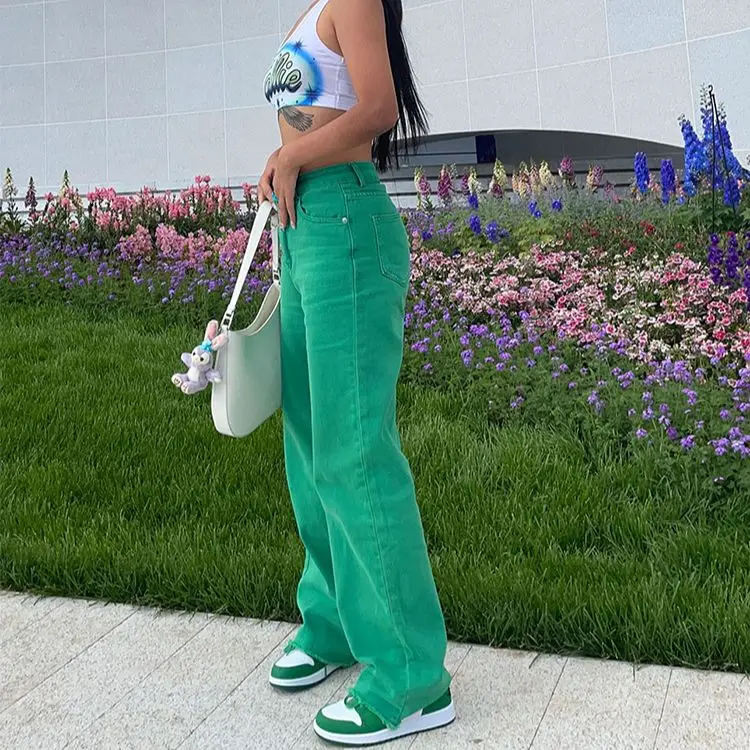 

2021 new solid color jeans hot girl streetwear fashion clothing green jeans slim straight leg pants hip-hop jeans mom pants