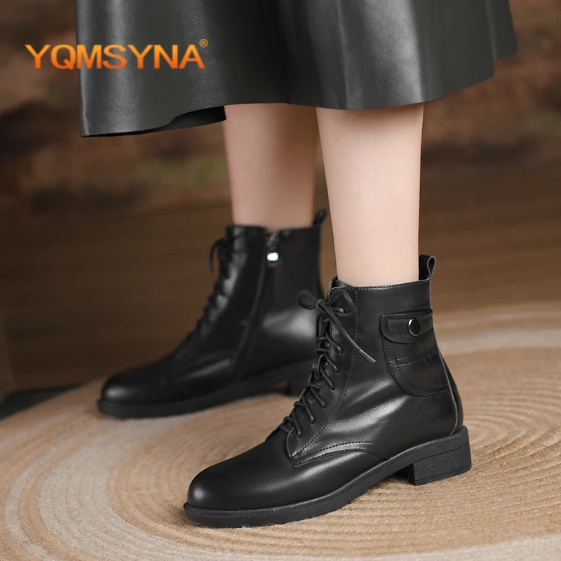 

Повседневные ботильоны YQMSYNA из натуральной кожи, зимние теплые женские ботинки на молнии с круглым носком и шерстью, обувь на шнуровке с ква...