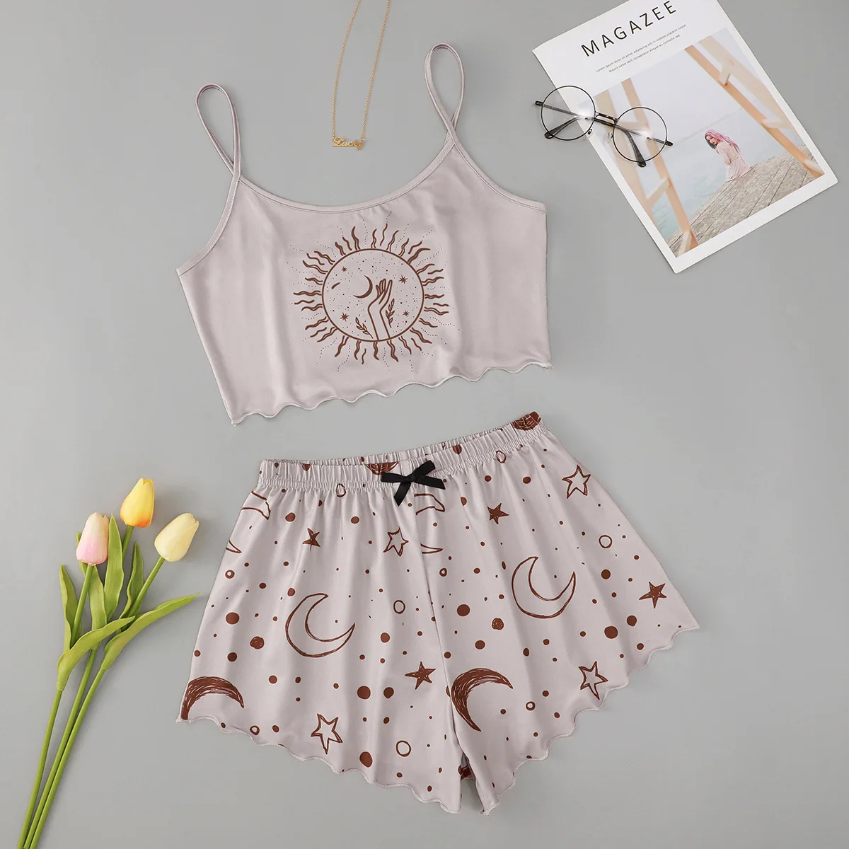 Хлопковая пижама с принтом солнца женские пижамные комплекты V-образным вырезом