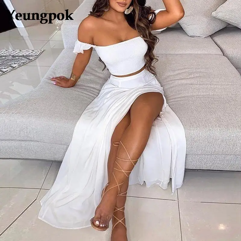 

Floral Print Women Dress Sets Sexy Tie Strapless Off Shoulder Bodycon Shirt Split Long Skirt Summer Party Two Piece Set Vestidos