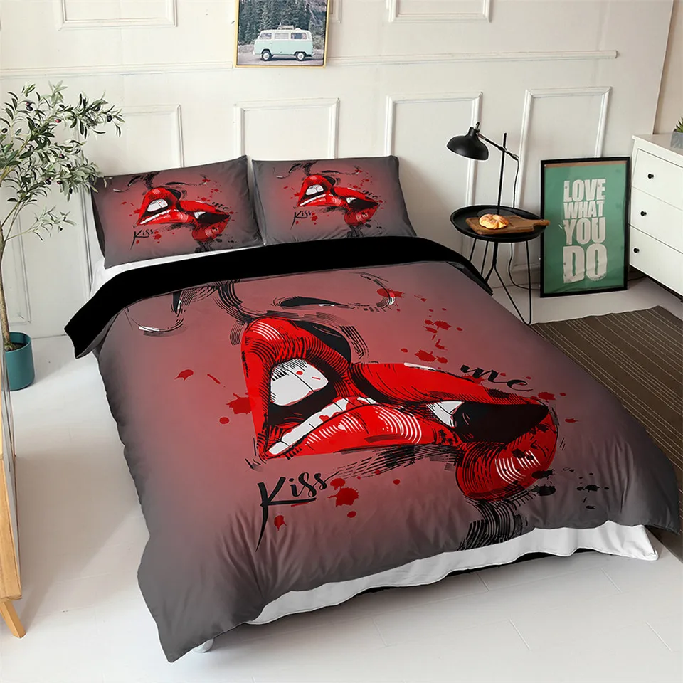 

Fashion Red Lips Lovers Bed Linen Two People Double Bed Set Duvet Cover Set For Couple Cute Twin Single Bedding For Girls
