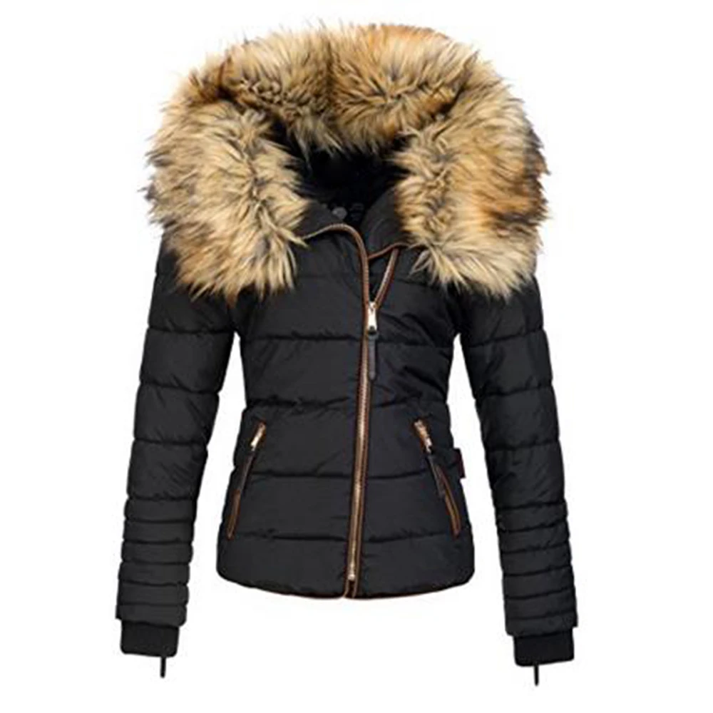 

Winter Coats Women Down Jacket Warm Faux Fur Collar Warm Thicken Parka Outwear Female 2021 Zipper Black Casual Padded Parkas