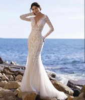 mermaid wedding dress 2021 v neck open back long sleeve lace appliques backless sexy bride gown vestidos de noiva plus size new