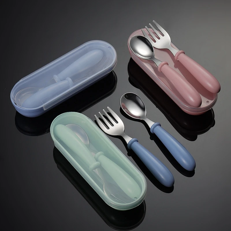 

Stainless Steel Children's Fork Spoon Set with Box Round Short Handle Cute Cartoon Pattern Tableware Boy Girl Birthday Gift Set