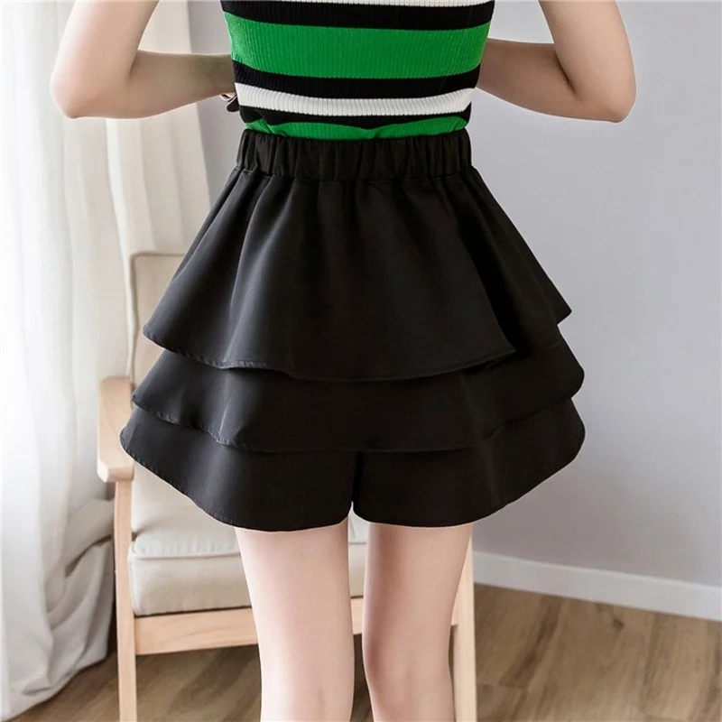 

Summer Women High Waist Elegant Loose Wide Leg Cake Shorts Female 2021 Spring Summer Layered Ruffles Tulle A-line Shorts Skirts
