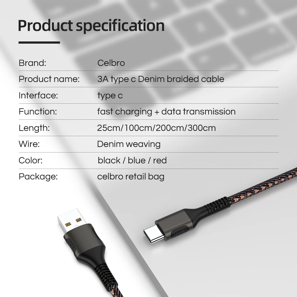 3A джинсовый плетеный кабель с разъемом Usb Type-C для быстрой зарядки и передачи