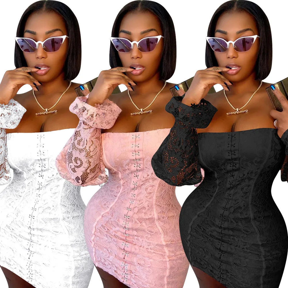 

2020 Woman Dress Autumn Newest Perspective Sleeve Hollow Lace Office Lady