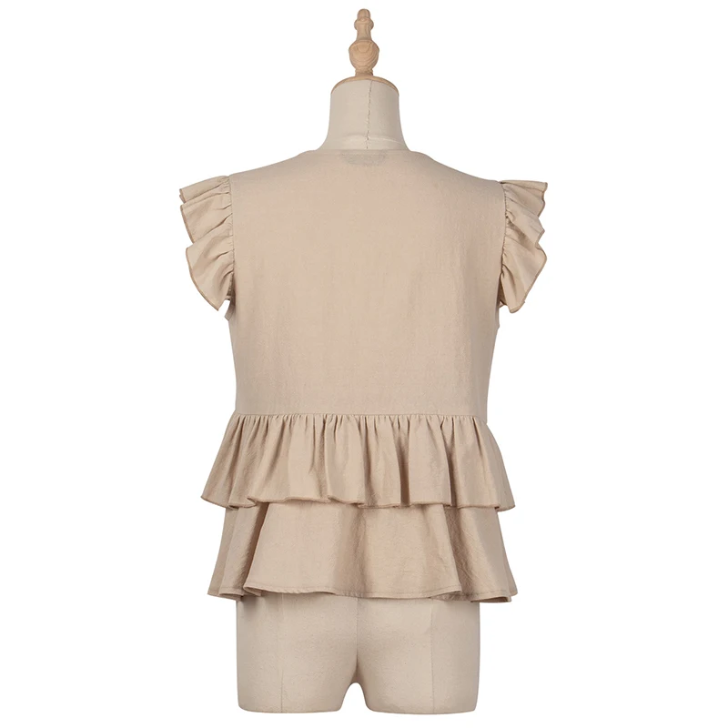 

2021 Solid Khaki Color Blouse Women Summer Casual Single-Breasted Ruffle Shirt Sexy V-Neck Sleeveless Top Blusa Feminina SJ7800R