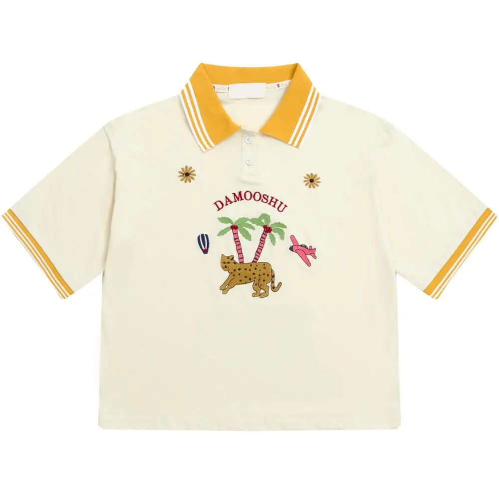 Женская хлопковая Футболка с леопардовой вышивкой и отложным