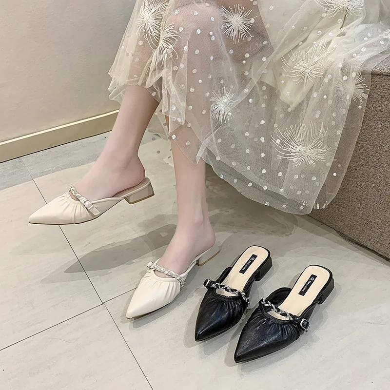 

Square heel Shoes PU Low Loafers Mules For Women 2021 Pointed Toe Ladies' Slippers Pantofle Block New Hoof Heels Rubber Rome Sli