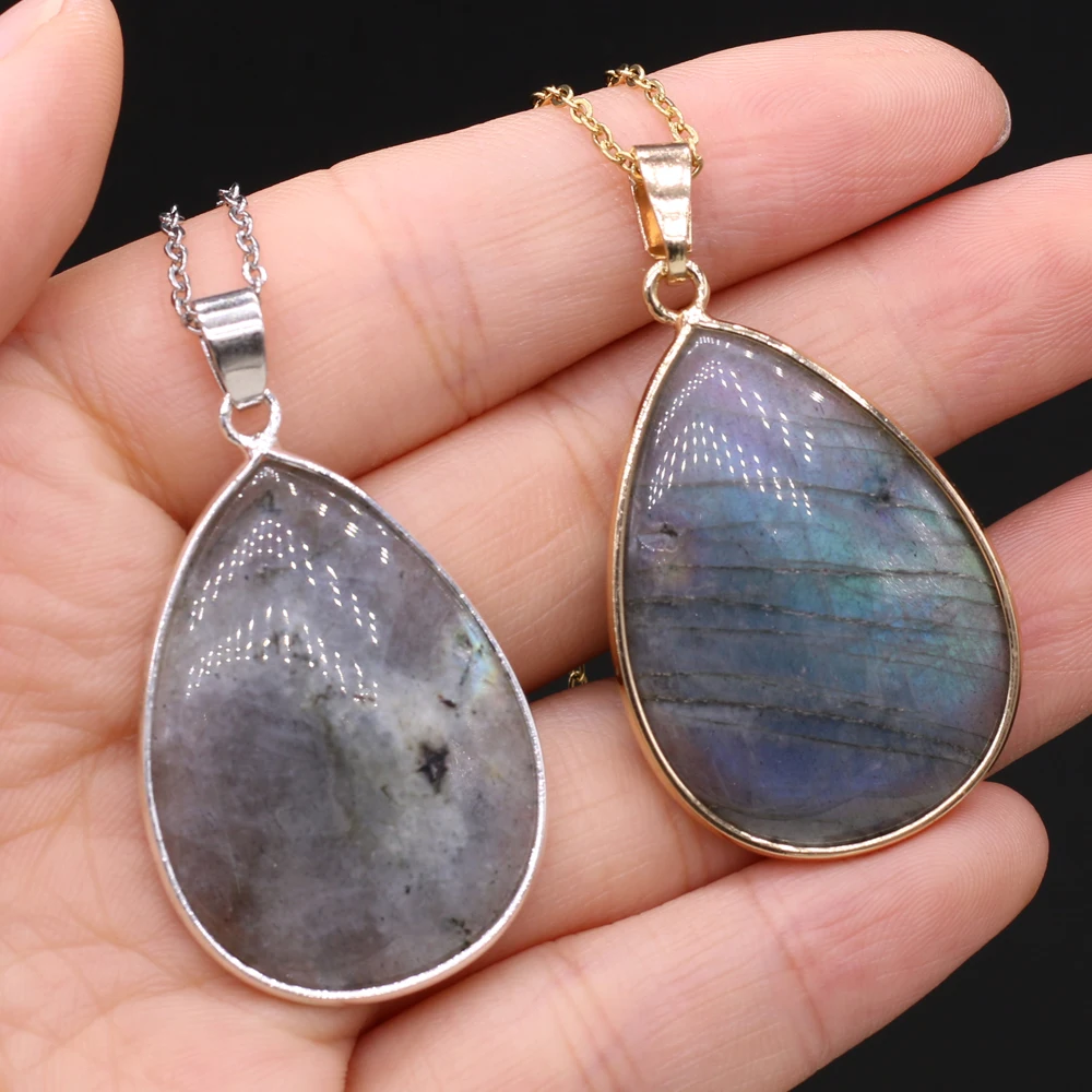 

Natural Flash Labradorite Pendant Necklace Charms Water Drop Shape Agates Stone Pendant Necklace for Jewerly Party Gift 23x34mm