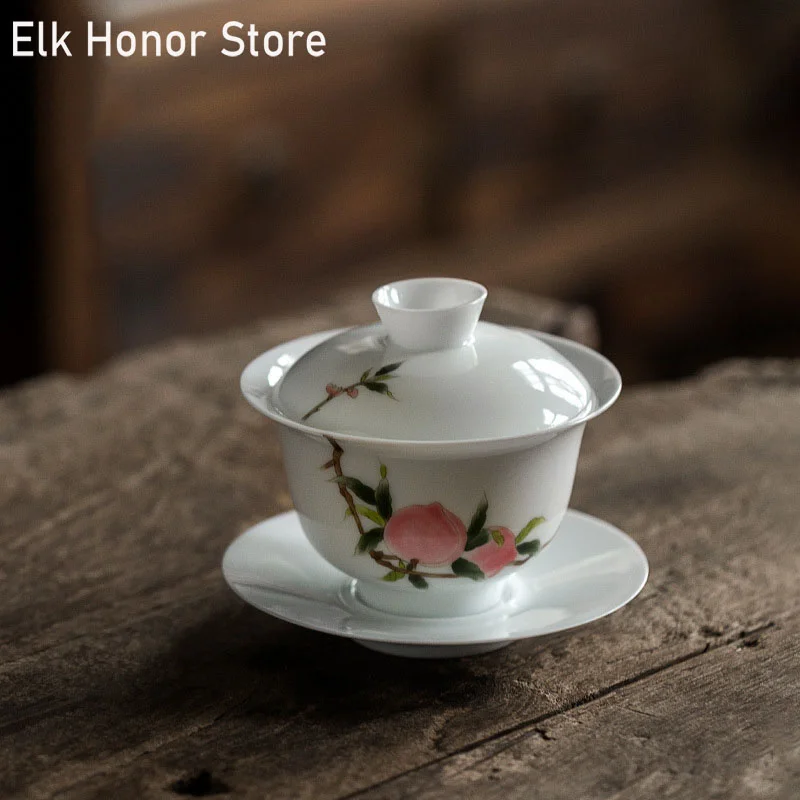 

160ml Hand Painted Peach Tea Tureen White Jade Porcelain Wish Longevity GaiWan Ceramic Bowl With Lid Sancai Da Hong Pao Tea Cup