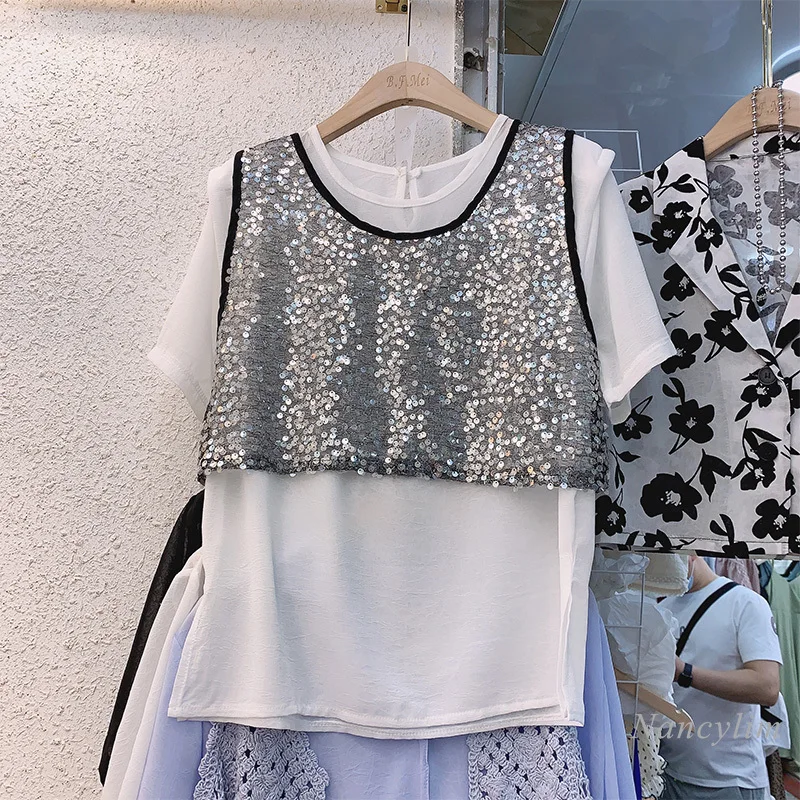 Pull en mousseline de soie à manches courtes pour femmes, gilet brodé à paillettes, haut d'extérieur, deux pièces, été, 2021