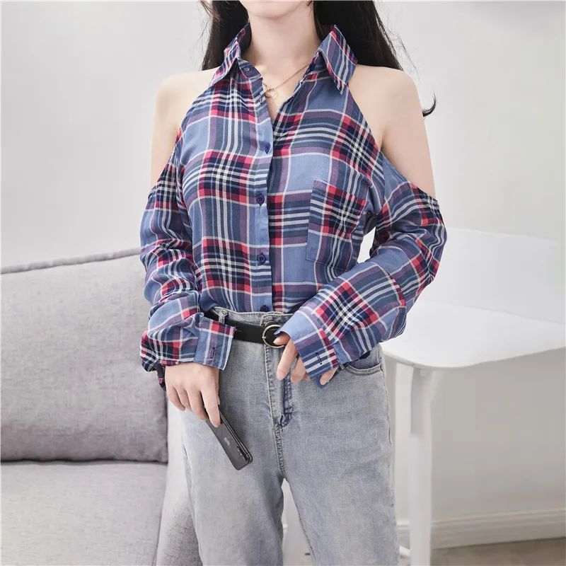

Dioufond Cute Korean Style Off Shoulder Plaid Blouse Women Chic Long Sleeve Summer Shirts 2020 New Fashion Tops S-2XL