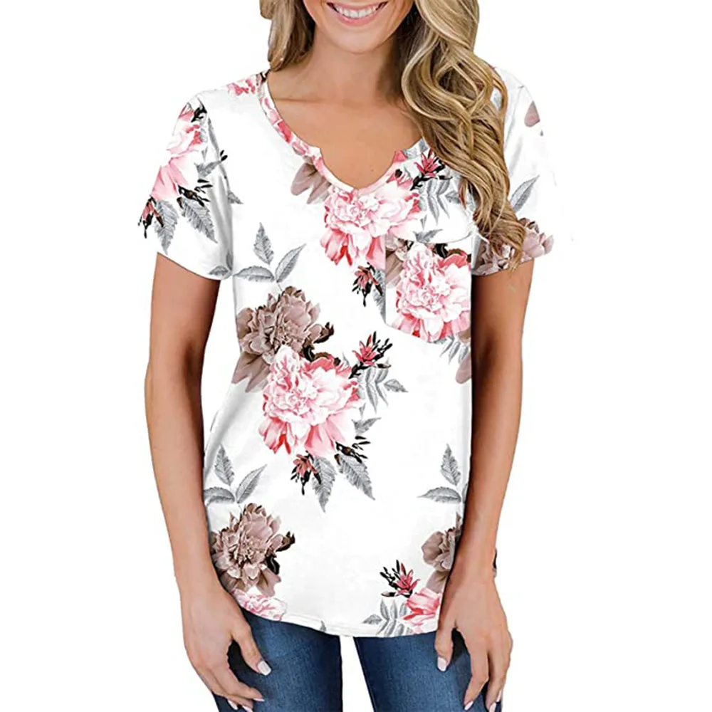

Donsignet Fashion Women's T-shirt New Spring Casual V-neck Print Pocket Loose Plus Size Short-sleeved T-shirt Clothing Women