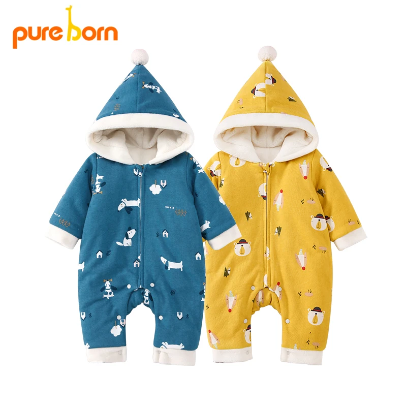 Pureborn/Детский комбинезон унисекс из плотного флиса с капюшоном для новорожденных; зимний комбинезон на молнии; Одежда для маленьких мальчиков и девочек