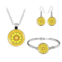 hinduism buddhism mandala om jewelry set cabochon glass necklace earring bracelet totally 4 pcs for womens personalized gifts
