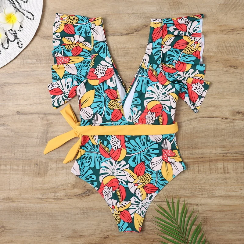 

2021 New One Piece Swimsuit Women V Neck Digital Print Swimwear Women Push Up Ruffle Bathing Suit Monokini Fashion Swim Suit