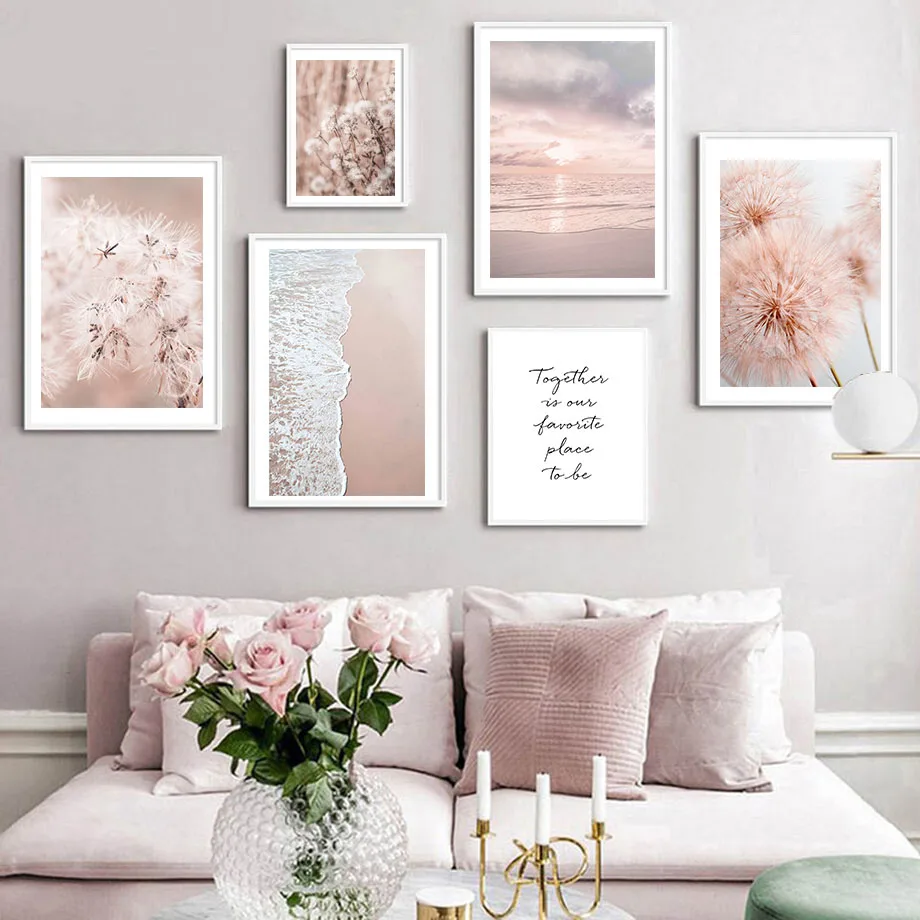 

Pink Cherry Blossom Dandelion Plant Waves Wall Art Canvas Painting Nordic Posters And Prints Wall Pictures For Living Room Decor