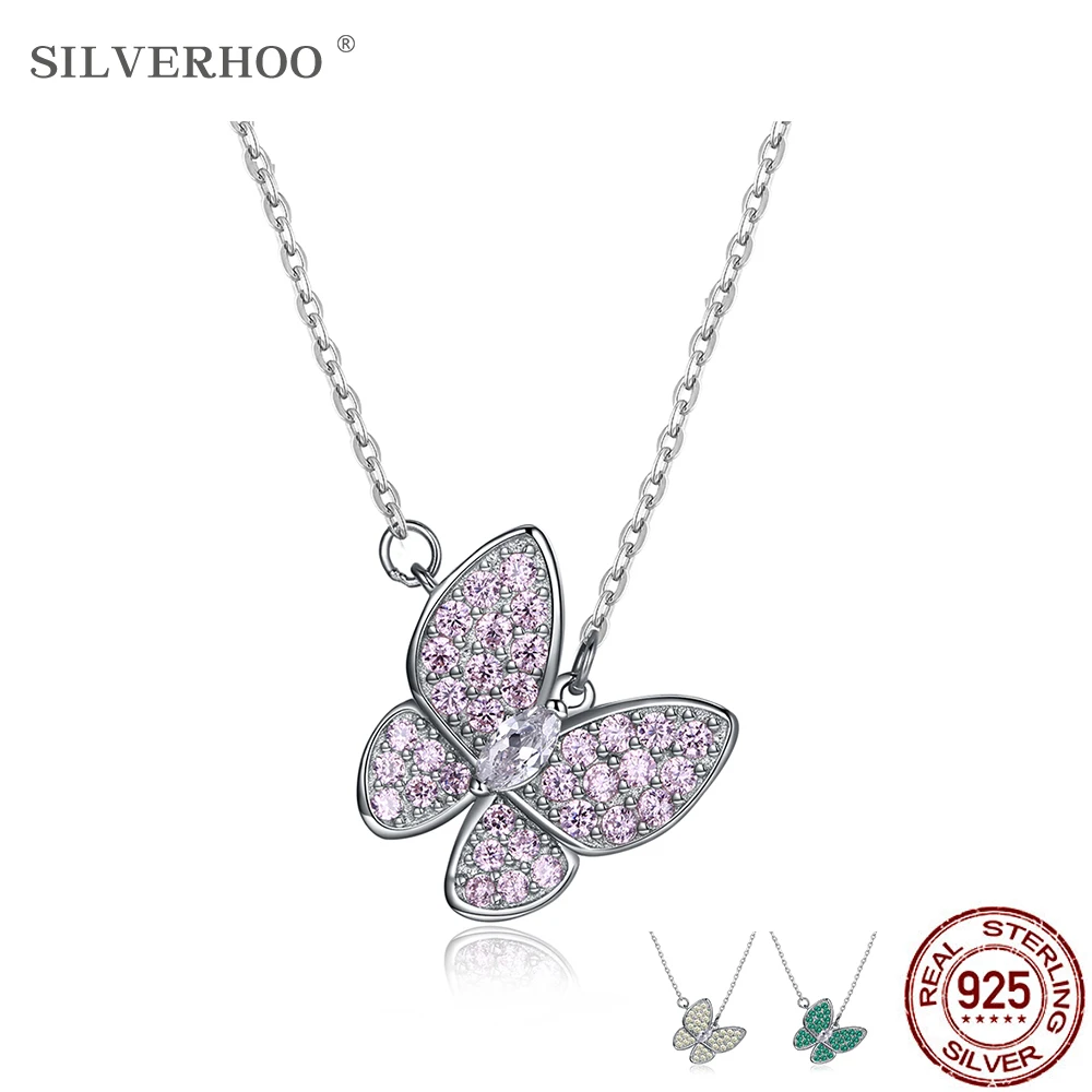 

SILVERHOO 100% 925 браслеты бабочки из серебра высшей пробы бабочка ожерелья с подвесками ослепительно кубического циркония ожерелье для женщин, х...