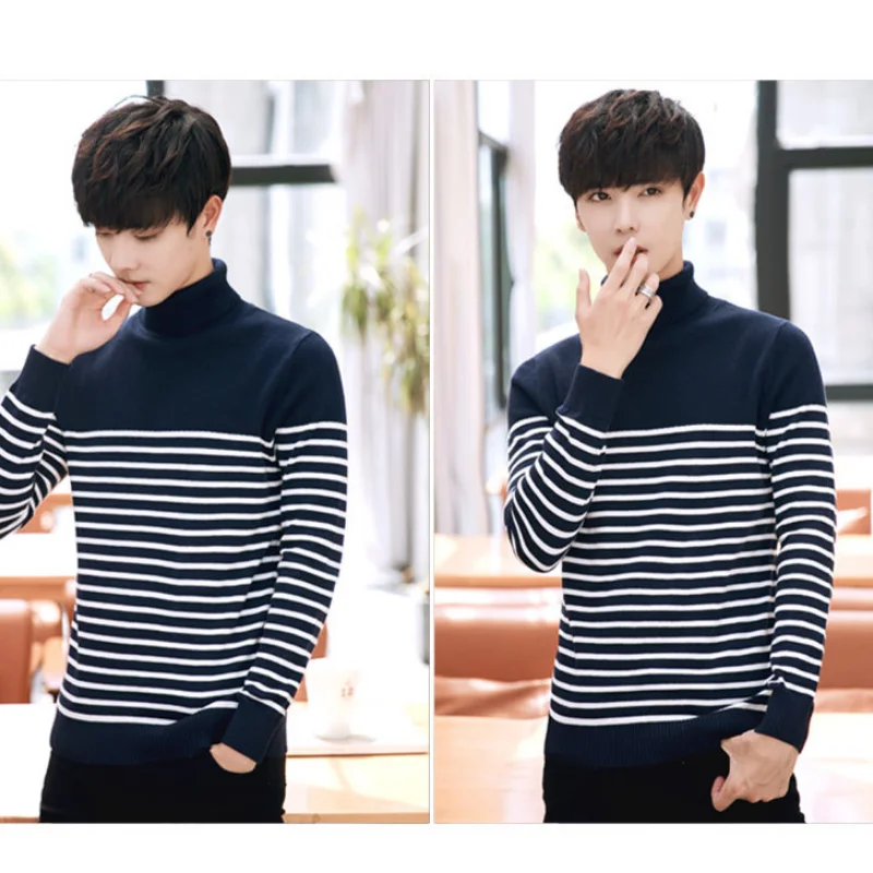 

Striped autumn and winter men's comfortable plus velvet high-quality high-neck knitted warm soft casual slim basic sweater