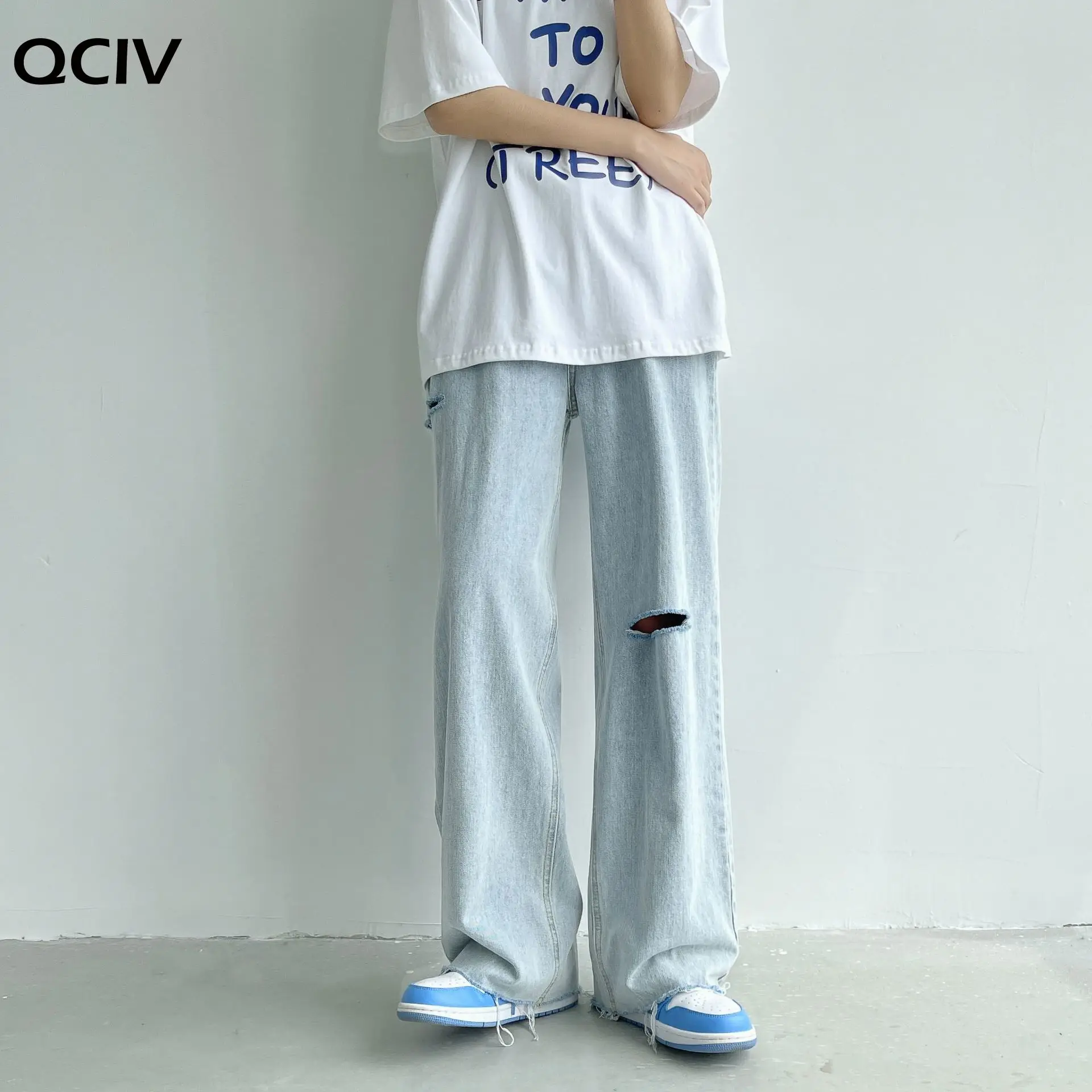 Summer Wide-leg Jeans Men Fashion Light Blue Casual Ripped Jeans Men Streetwear Loose Hip-hop Hole Straight Denim Trousers Men